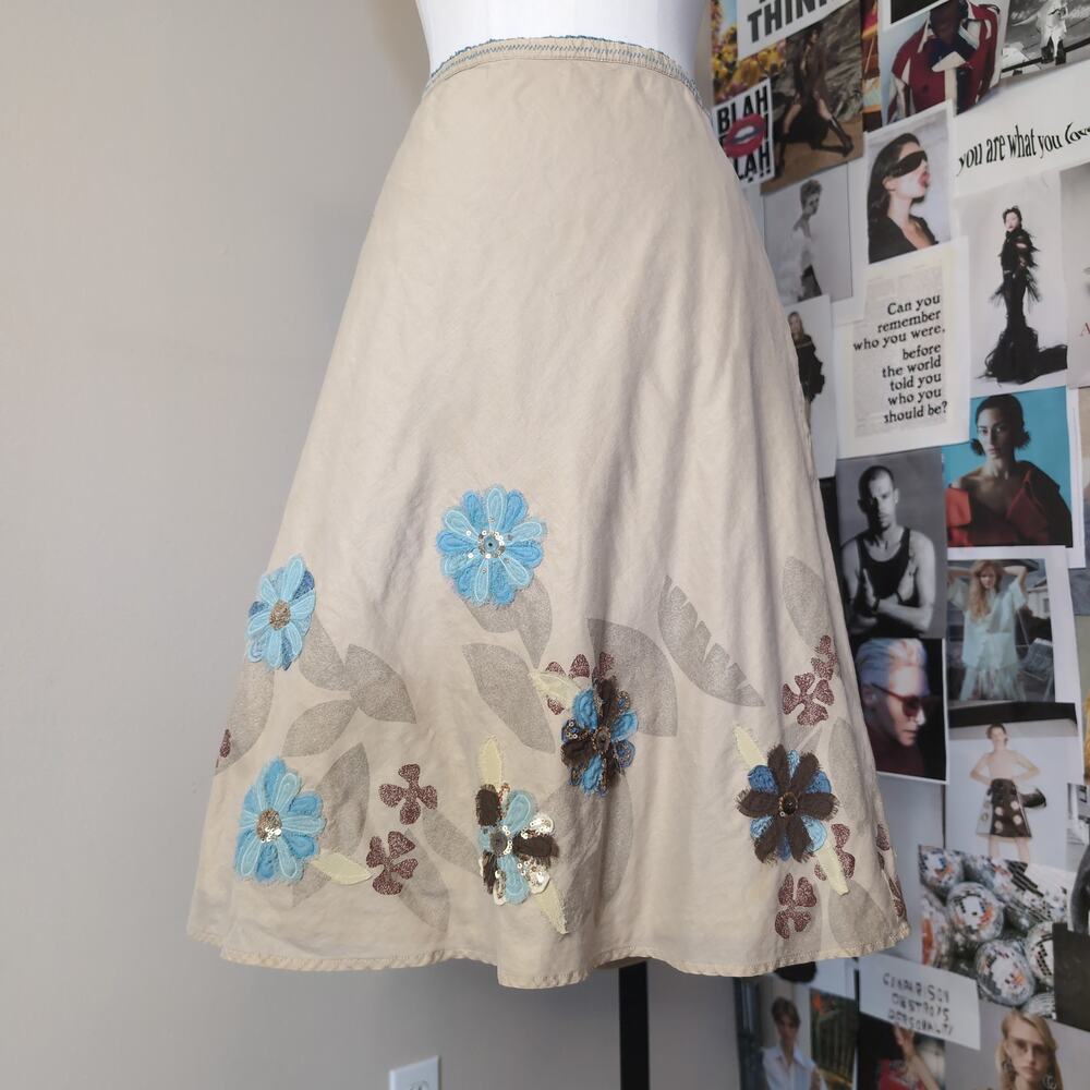 Floral Applique Sequin Midi Skirt Boho Vintage